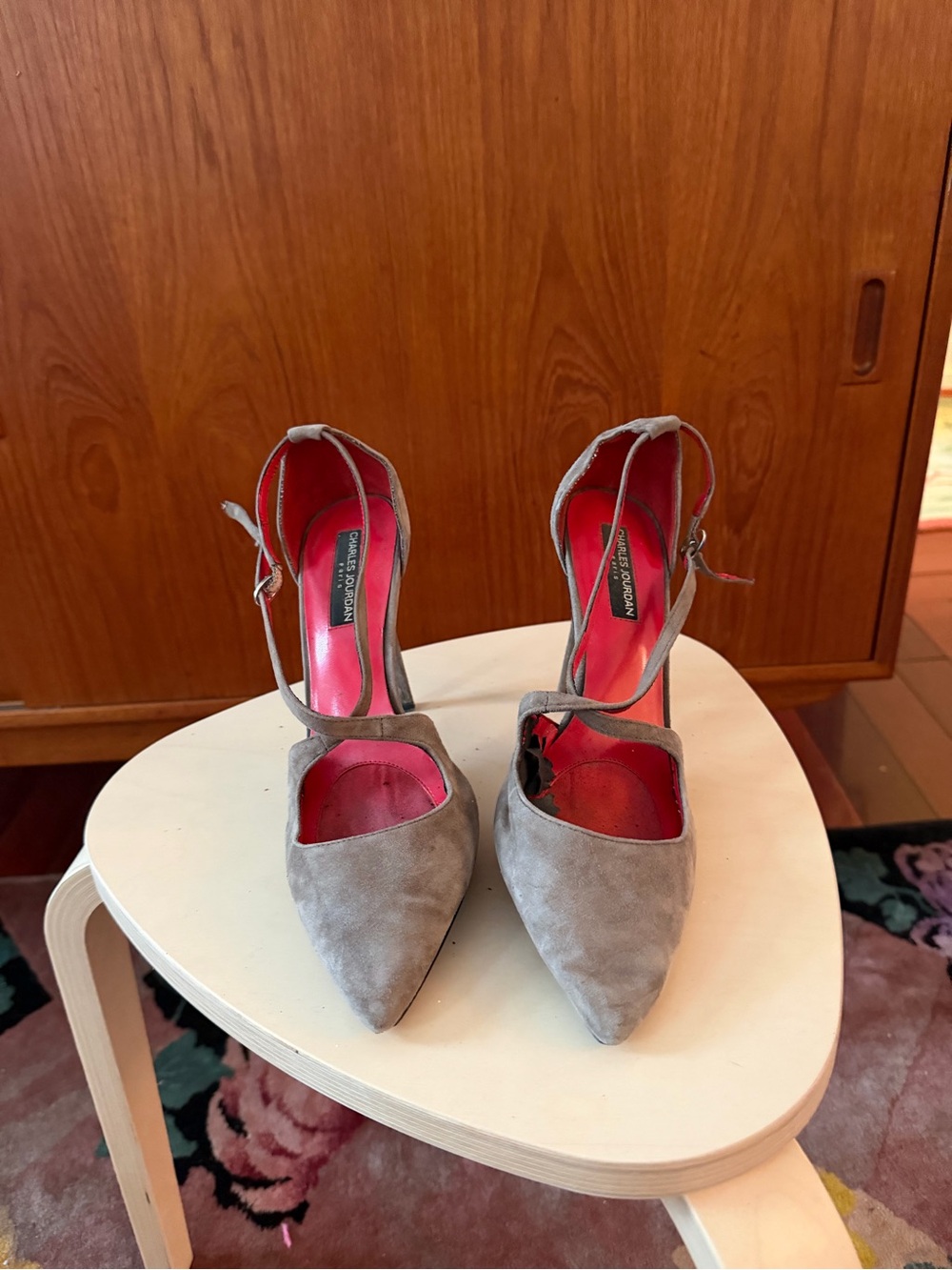 Charles Jourdan Taupe Suede Pointed Toe Ankle-Strap Pumps with Pink Lining